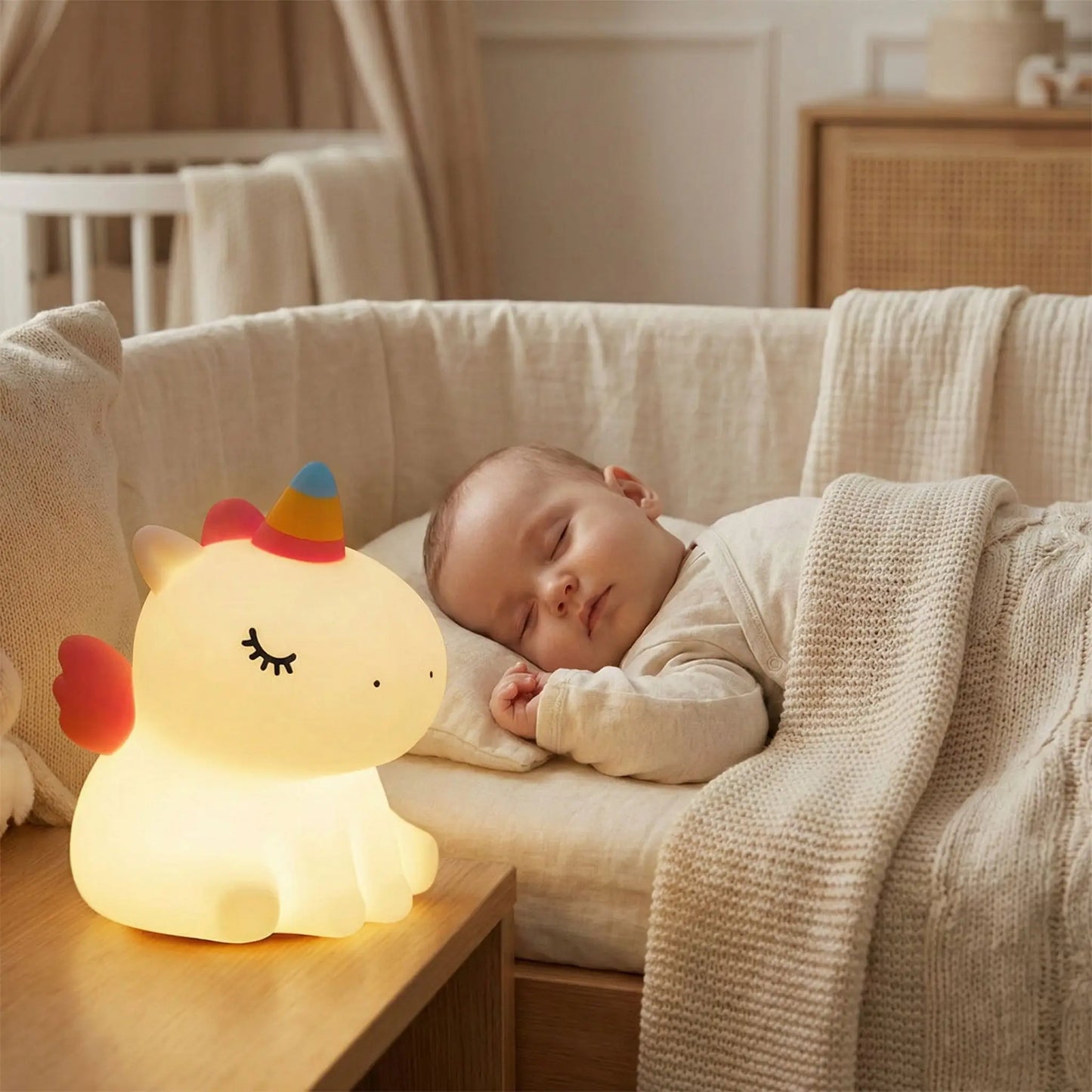 Veilleuse rechargeable licorne apaisant bébé endormi dans son lit