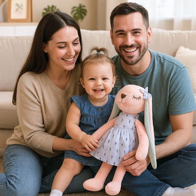 peluche lapin bébé - famille souriante bleue