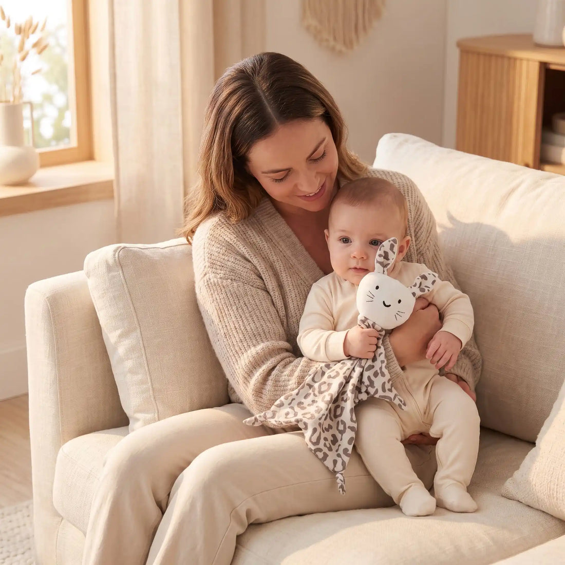 Quel doudou choisir pour bébé : doudou plat pendant un câlin entre une maman et son bébé éveillé