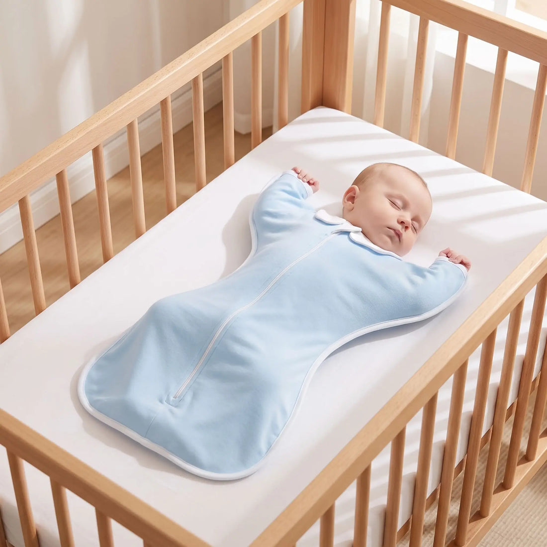 Nouveau-né emmailloté dans une gigoteuse d'emmaillotage, couché sur le dos dans un lit dégagé