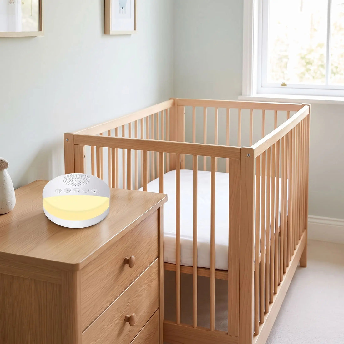 Machine à bruit blanc bébé posée sur une commode, à distance d'un lit à barreaux vide