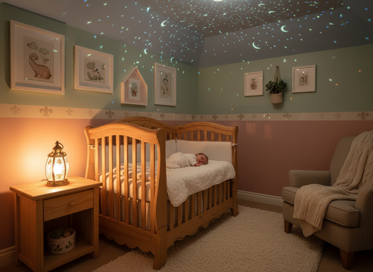 Chambre de bébé avec veilleuse projection ciel étoilé créant une atmosphère apaisante pour le sommeil