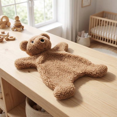 Doudou ours bébé posé sur une étagère dans une chambre de bébé