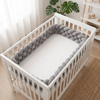 Tresse de lit bébé grise installée dans un lit à barreaux vide
