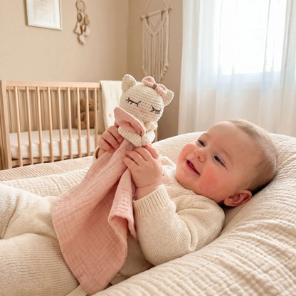 Bébé souriant tient son doudou mouton rose complicité tendresse