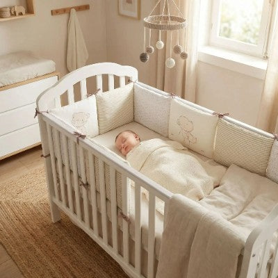 pare choc lit bebe ourson nourrisson endormi berceau blanc