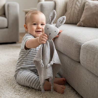 Bébé debout avec doudou lapin gris rayé dans salon