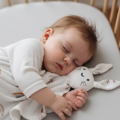 Bébé endormi câlinant un doudou lapin blanc