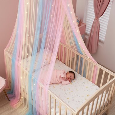 Bébé endormi sous un ciel de lit arc-en-ciel en tulle