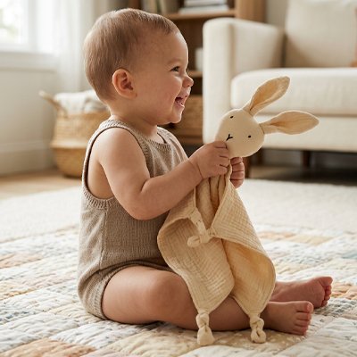 Bébé heureux jouant avec son doudou lapin crème