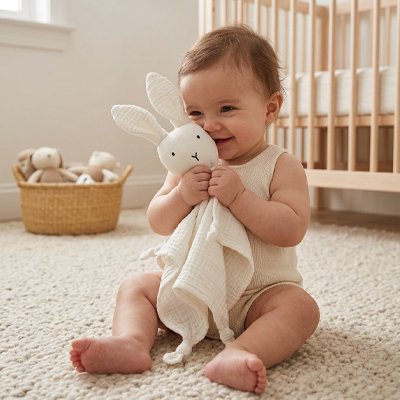 Bébé riant serrant un doudou lapin blanc près du lit