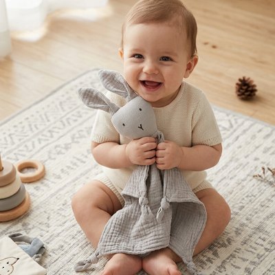 Bébé souriant avec doudou lapin gris sur tapis de jeu