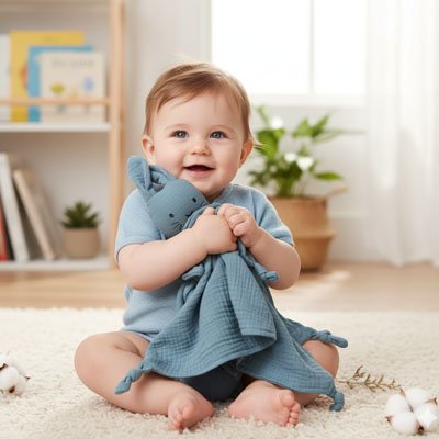 Bébé souriant avec un doudou lapin bleu