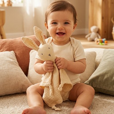Bébé souriant tenant un doudou lapin beige dans salon