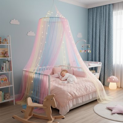 Ciel de lit arc-en-ciel dans chambre bébé bleue lumineuse