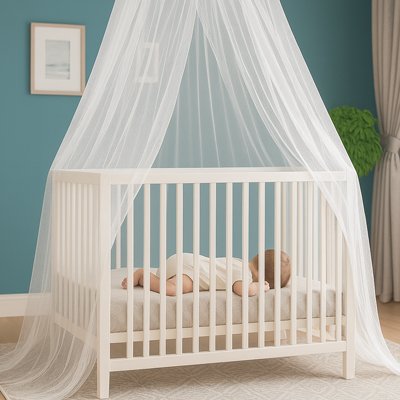 Ciel de lit bébé blanc élégant sur lit à barreaux