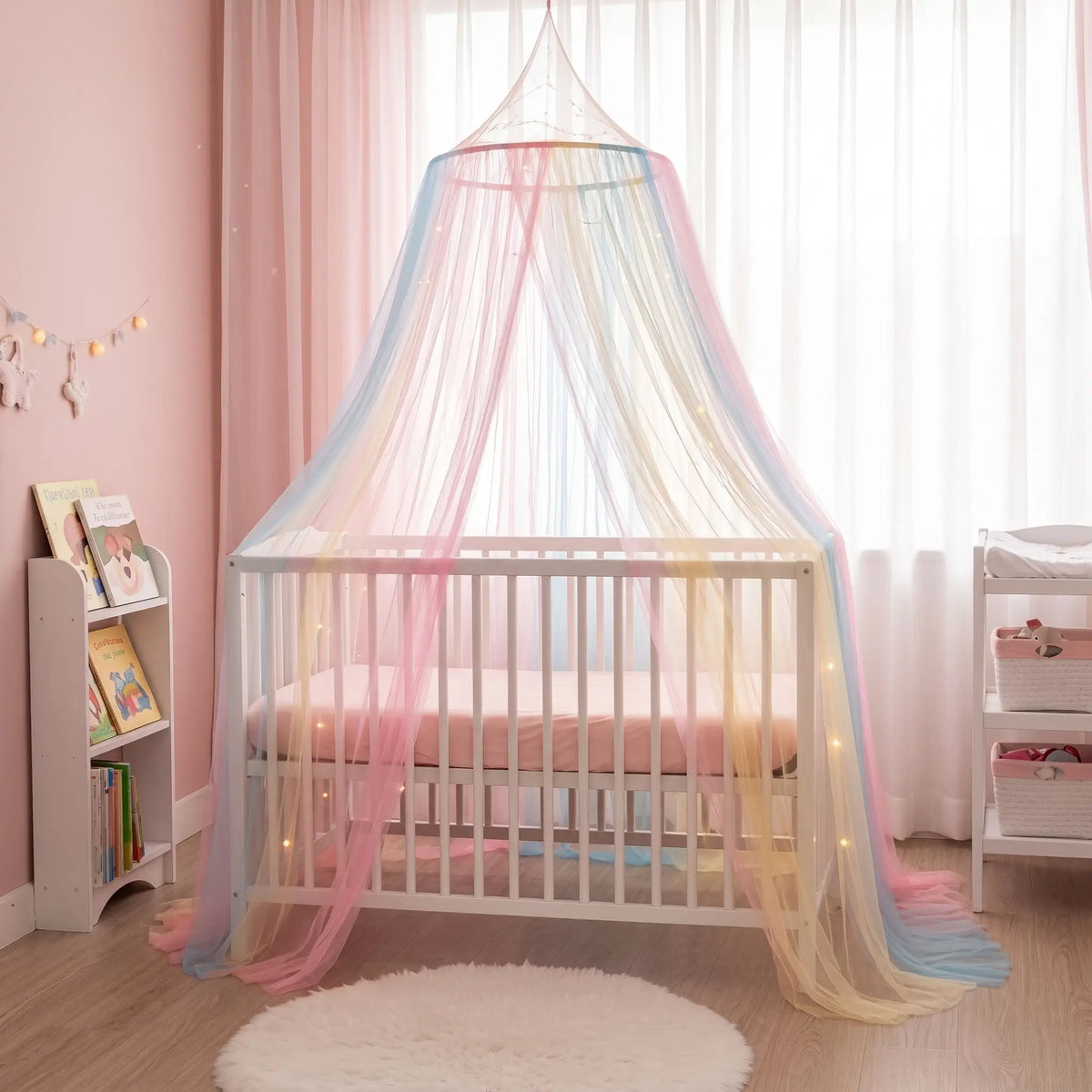 Ciel de lit bébé féerique multicolore pastel au-dessus d'un lit à barreaux vide