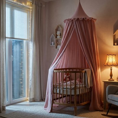 ciel de lit bebe rose poudré lit bois chambre douce