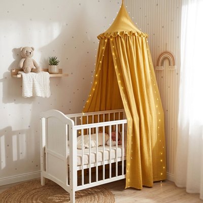 ciel de lit gaze de coton jaune moutarde chambre bébé