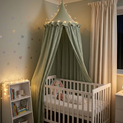 ciel de lit gaze de coton vert nuit guirlande lumineuse