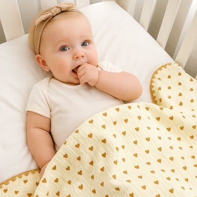 couverture bebe jaune motif coeurs couvrant bebe dans berceau