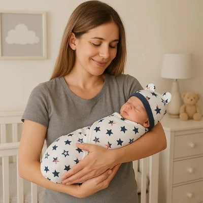 couverture emmaillotage etoiles enveloppant bebe endormi dans bras