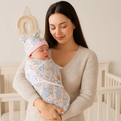 couverture emmaillotage animaux enveloppant bebe endormi dans bras