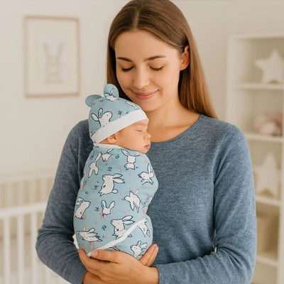 couverture emmaillotage lapin bleue enveloppant bebe endormi