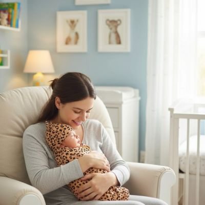 couverture emmaillotage leopard enveloppant bebe dans bras