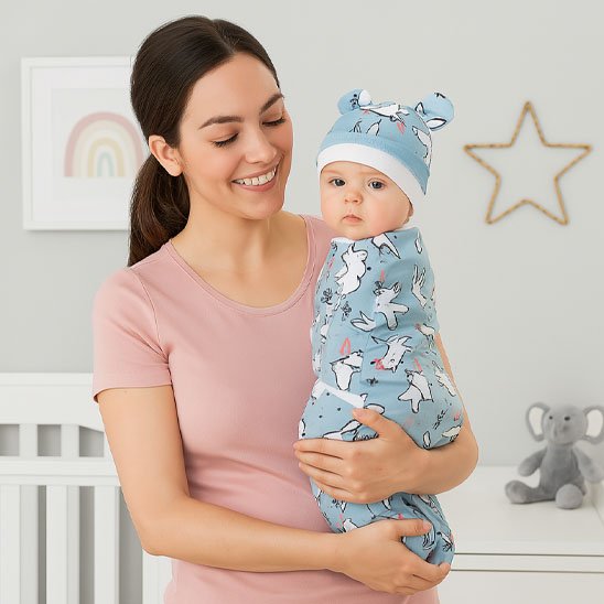couverture emmaillotage licorne bleue enveloppant bebe dans bras