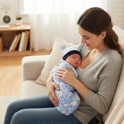 couverture emmaillotage bleue motif ourson enveloppant bebe endormi