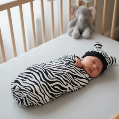 couverture emmaillotage zebra enveloppant bebe endormi dans lit