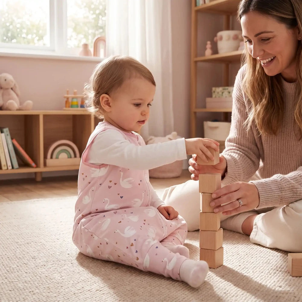 Enfant éveillé assis sur un tapis avec sa maman, en gigoteuse à pied rose à cygnes