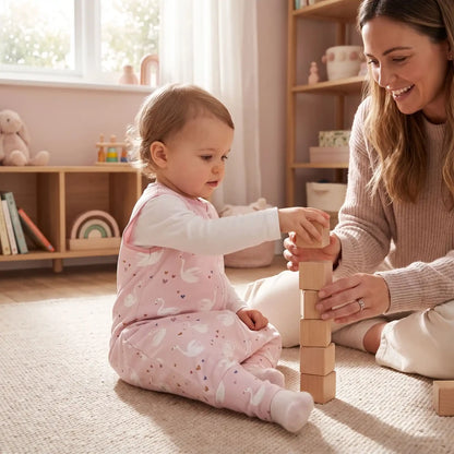 Enfant éveillé assis sur un tapis avec sa maman, en gigoteuse à pied rose à cygnes