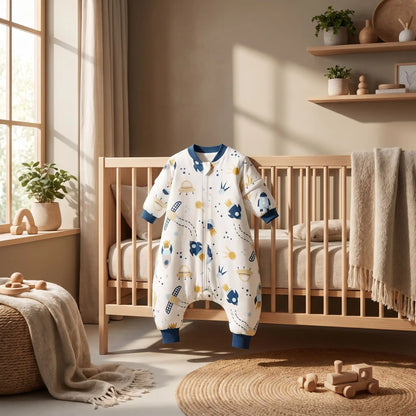 Gigoteuse avec jambes motif fusées présentée dans une chambre de bébé