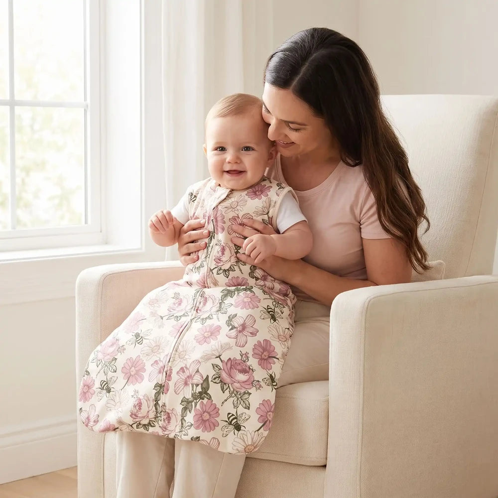 Bébé éveillé sur les genoux de sa maman, en gigoteuse bébé fille écrue à fleurs roses