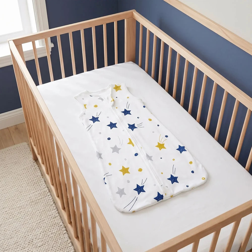 Gigoteuse bébé garçon blanche à étoiles bleu marine et moutarde posée à plat dans un lit vide
