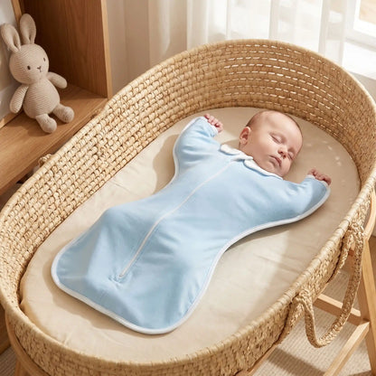 gigoteuse emmaillotage bébé bleu ciel nouveau-né couffin osier peluche lapin