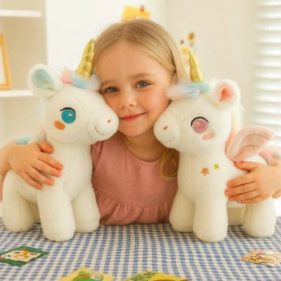 licorne peluche bébé - blanche corne dorée ailes
