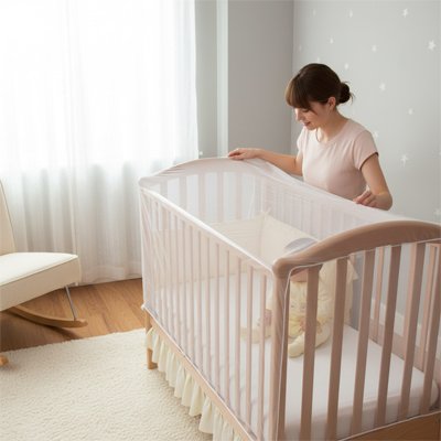 Lit moustiquaire bébé maman installe filet protection chambre claire