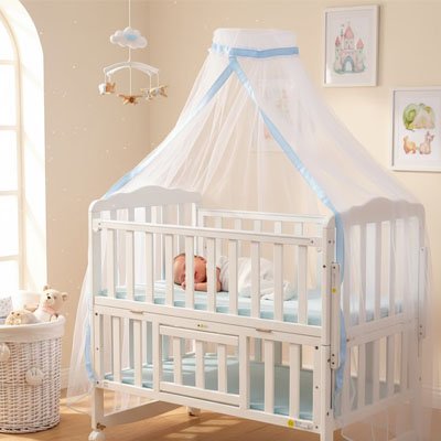 Moustiquaire lit bébé bleu blanc nouveau-né chambre douce