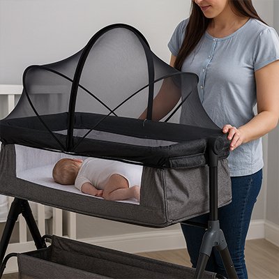 Moustiquaire lit bebe noir maman veille nouveau-ne couffin moderne