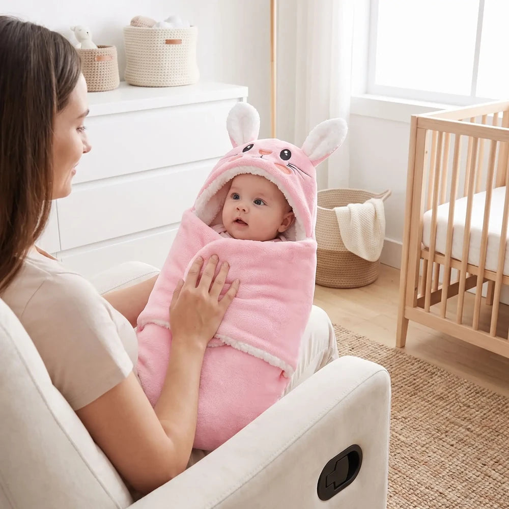 Bébé éveillé dans le nid d'ange bébé rose à capuche lapin, dans les bras de sa maman assise dans un fauteuil