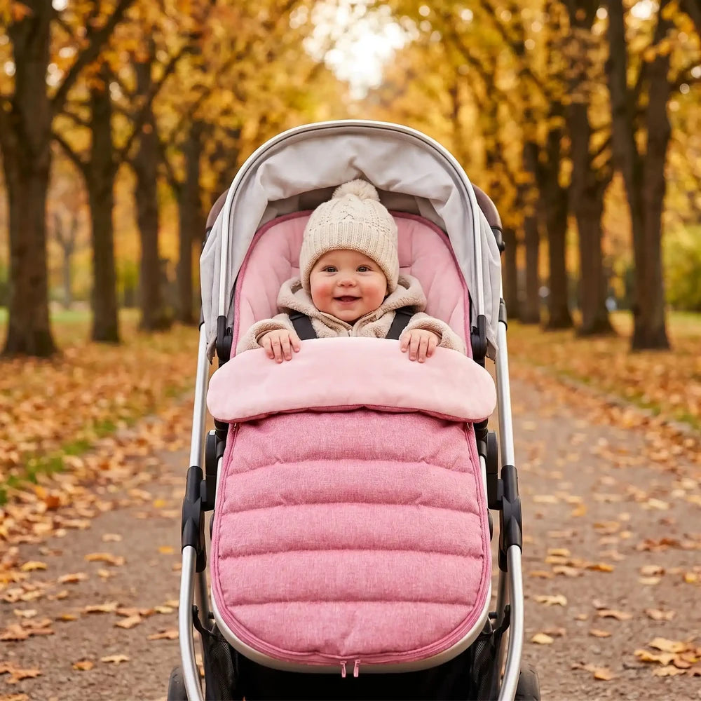 Nid d'ange de poussette rose dans une poussette, bébé éveillé en promenade d'automne