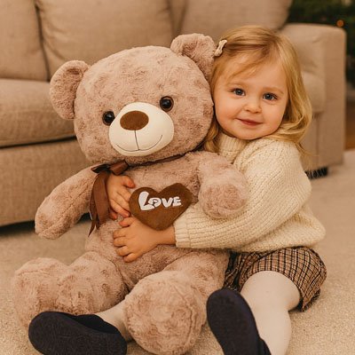ours en peluche bébé géant beige coeur love