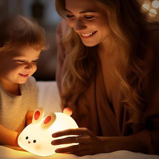 Parent et enfant souriant devant une veilleuse lapin chaleureuse.