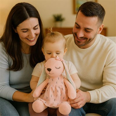 peluche lapin bébé - famille bambin souriant rose