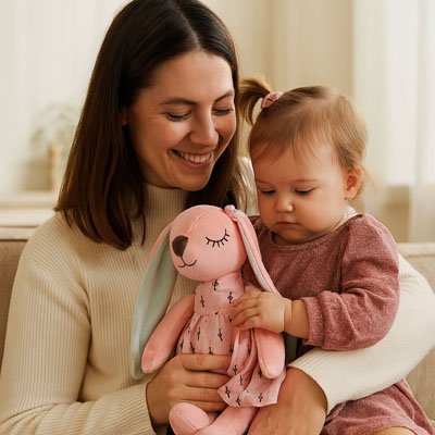peluche lapin bébé - maman bambin robe rose