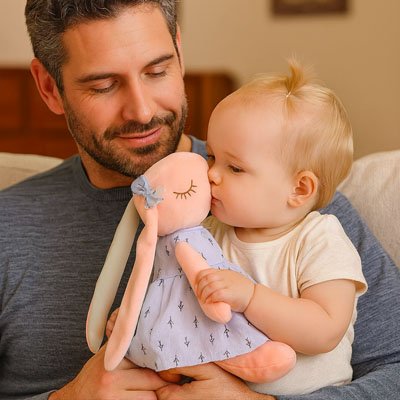 peluche lapin bébé - papa nourrisson câlin rose