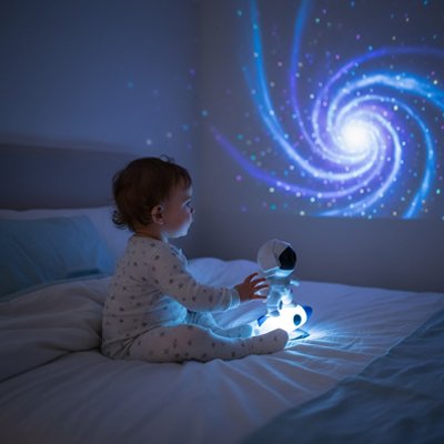 Projecteur galaxie bleu captivant enfant assis sur le lit.